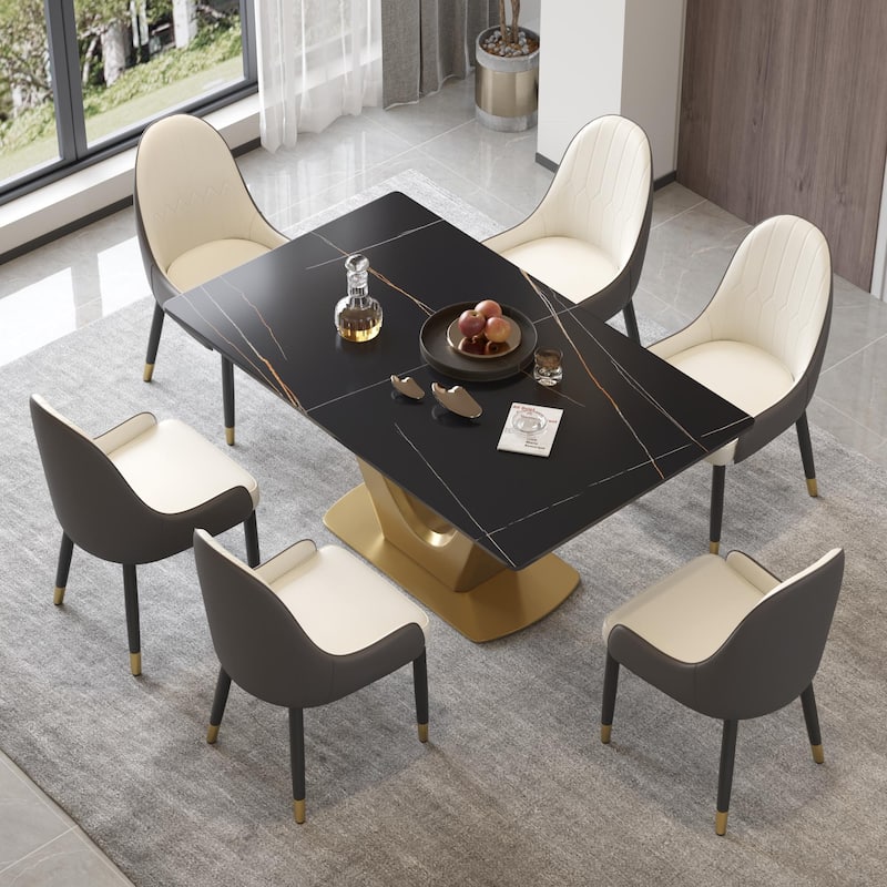 V Shape Pedestal Modern Marble Dining Table Slate Kitchen Table - Black - 63"