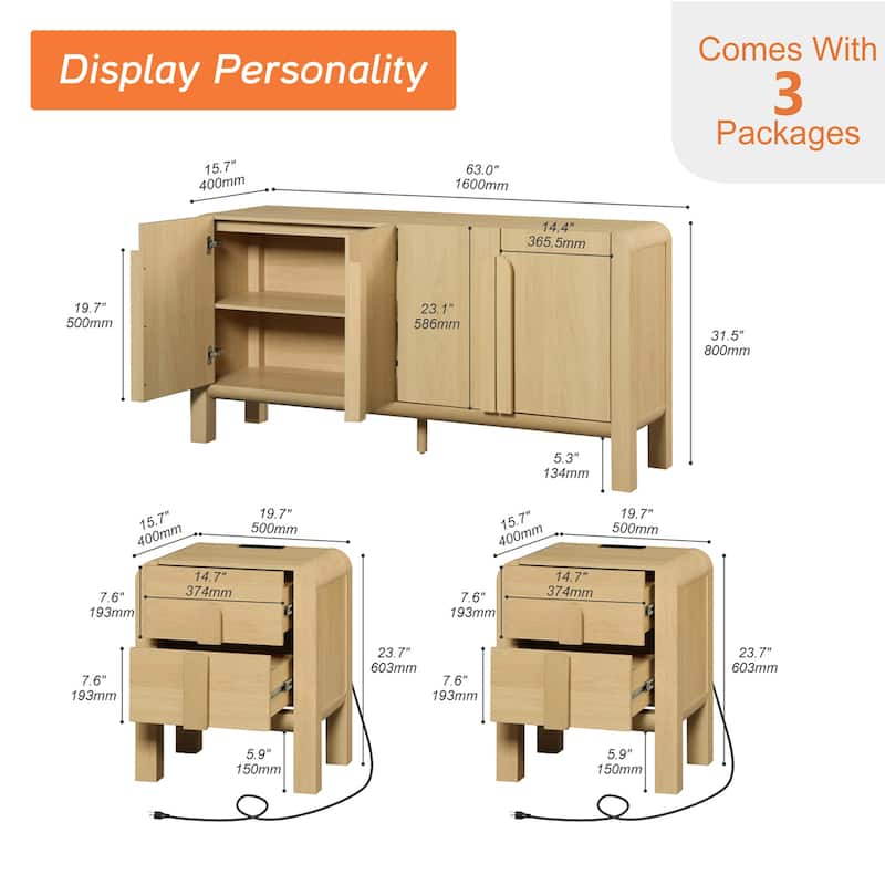 WAMPAT 3 Pcs Bedroom Set,Mid Century Dresser And Nightstand Sets For Bedroom, Night Stand Set Of 2, Modern Dresser