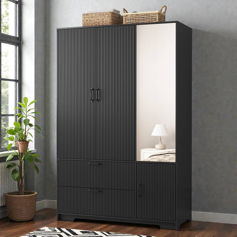4 Door Wardrobe Closet with Mirror and LED Light, Wooden Wardrobe Cabinet with 2 Drawers Hanging Rod and Shelves