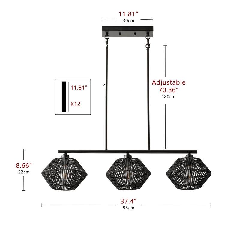 Farmhouse Matte Black 3-Light Chandelier with Paper Rope Lampshade
