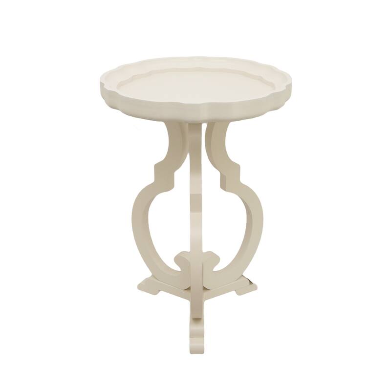 French Country Wood Side Table with Scalloped Edge Tray Top and Curved Legs