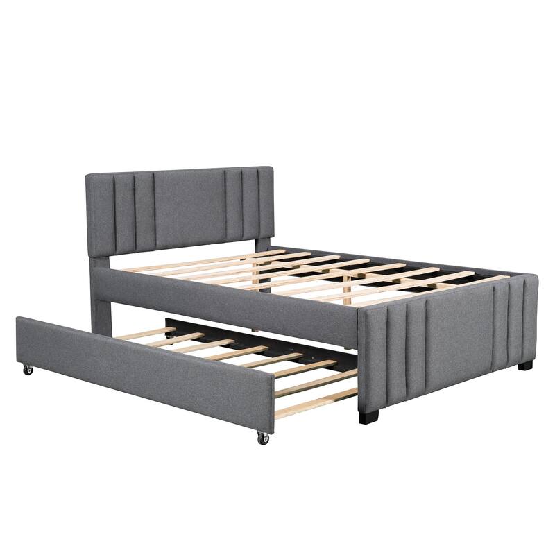 Grey Full Size Upholstered Platform Bed with Trundle, Tufted Headboard, Sturdy Frame