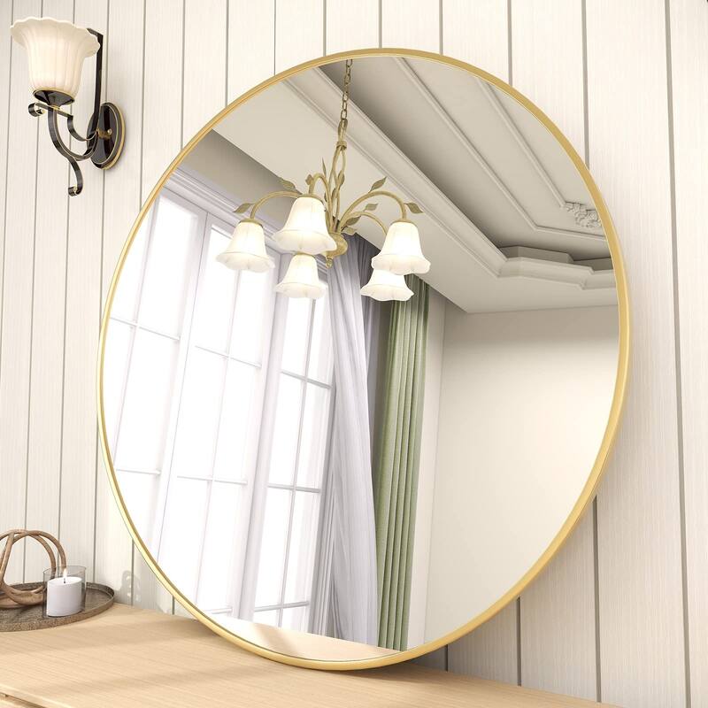 HOMLUX 24 Inch Round Wall Mirror with Gold Aluminum Alloy Frame Vanity Bathroom Mirrors for Over Sink Wall