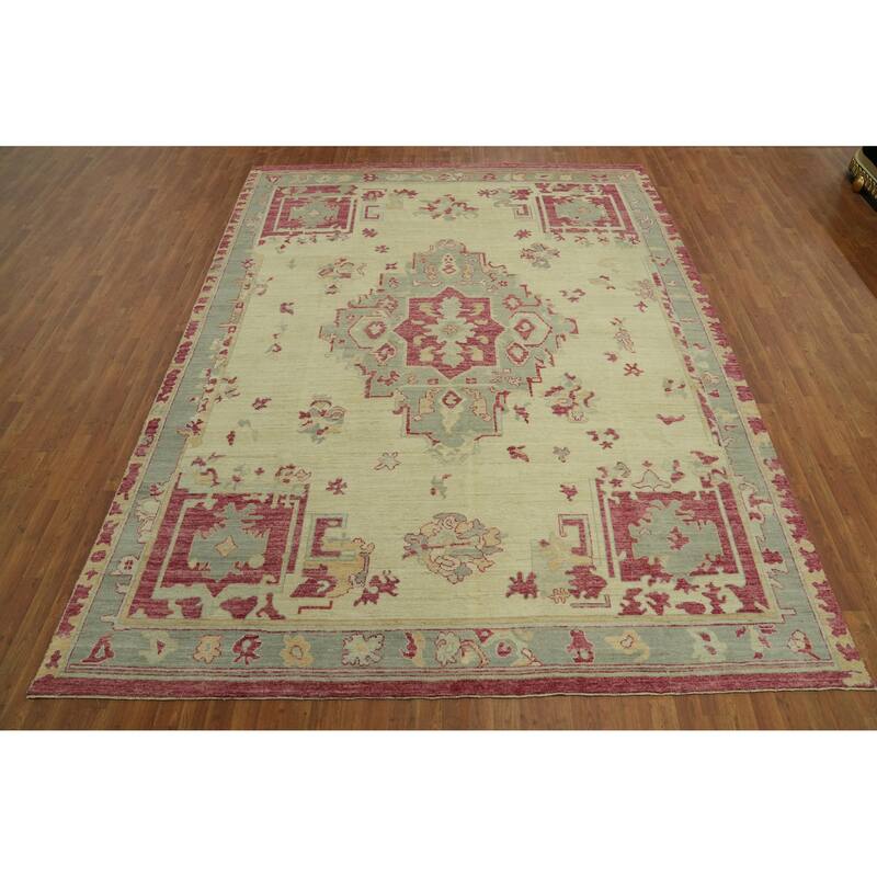 Handmade Wool Oushak Turkish Area Rug, Medallion Geometric Carpet - 11' 9'' X 9' 2''
