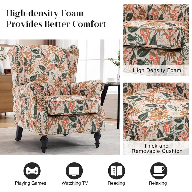 HOMYKA 29'' Wide Floral Pattern Wingback Accent Armchair with Nailhead Trim