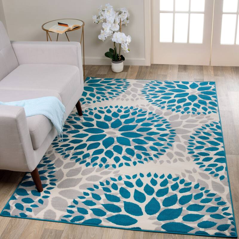 World Rug Gallery Modern Floral Circles Area Rug - 6' 6" x 9' - Blue - Runner/Rectangle
