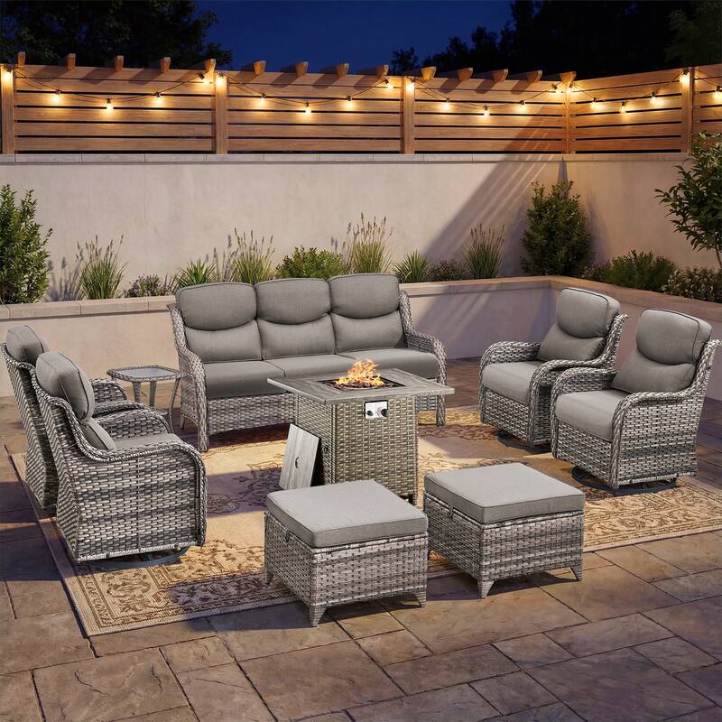 Pocassy Outdoor Propane Fire Table w/ Sofa Swivel Chair Ottoman Funiture Set. - Gray Wicker Gray Cushion - 9-Piece Sofa Swivel Chair Ottoman w/ Fie Table