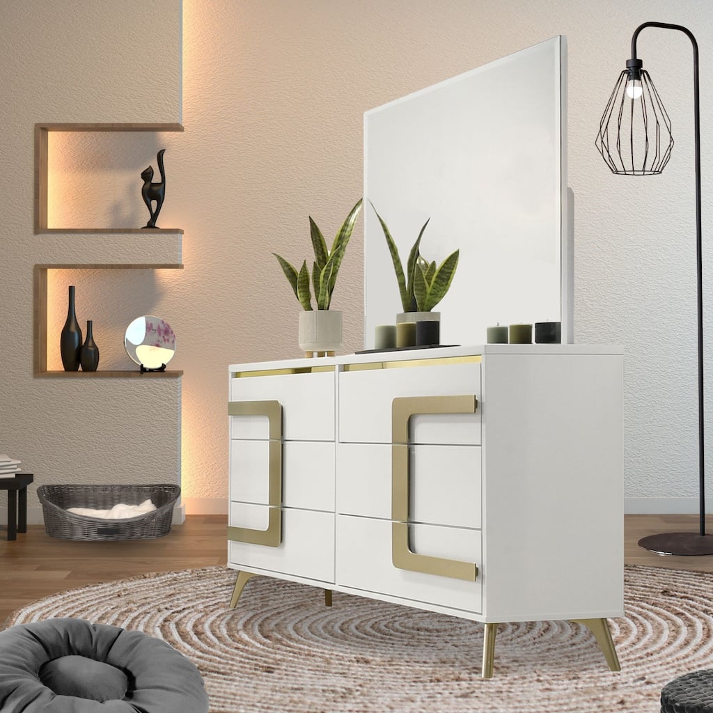 Claire White and Gold Wood 6 Drawer Dresser with Mirror Set