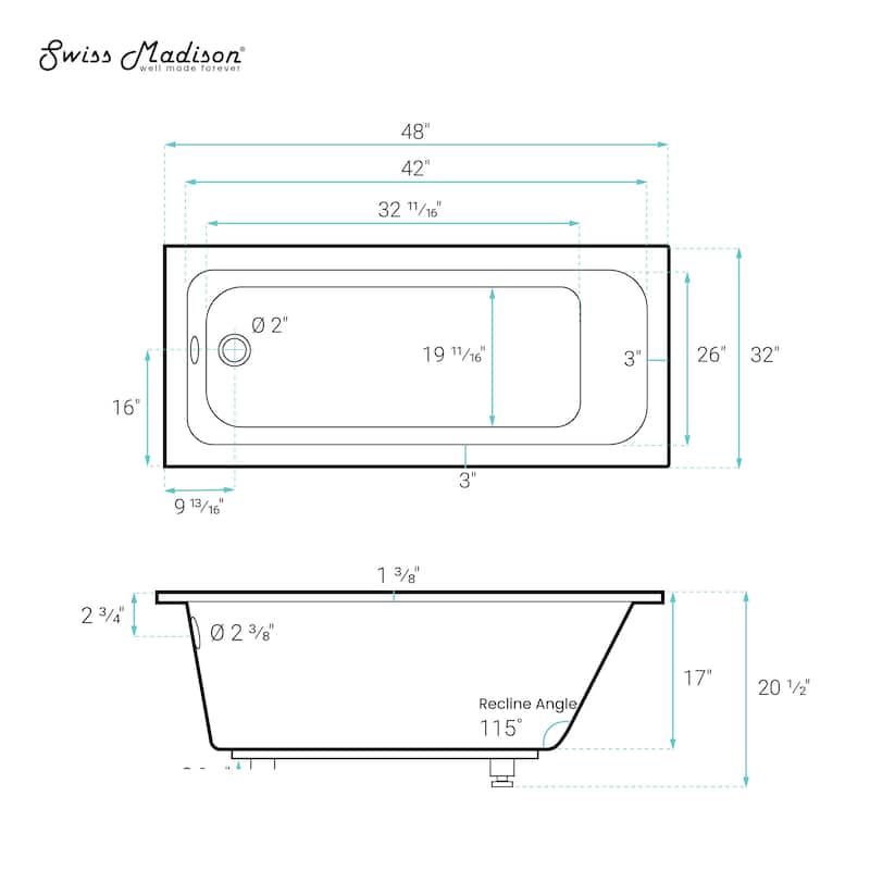 Lausanne 48" X 32" Reversible Drain Drop-In Bathtub - 32x48 Reversible