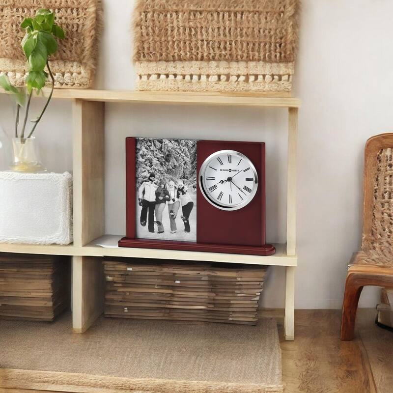Howard Miller Portrait Caddy II Classic Modern Sleek Table Clock with Photo Insert - Cherry-Silver
