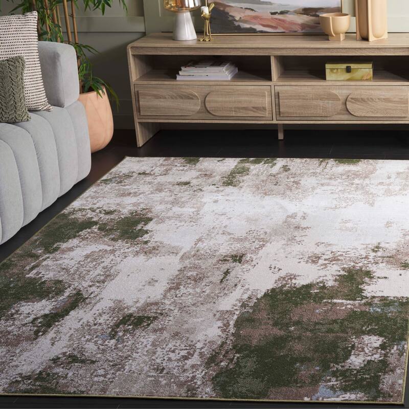 SAFAVIEH Bayside Machine Washable Drahusa Modern Abstract Rug - 4' x 6' - Ivory/Green