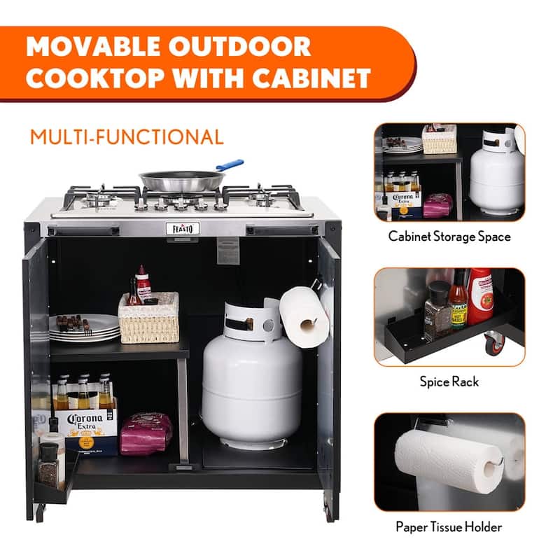Feasto Gas Grill, Black, Movable Outdoor Gas Stove Stainless Steel Top with Cabinet