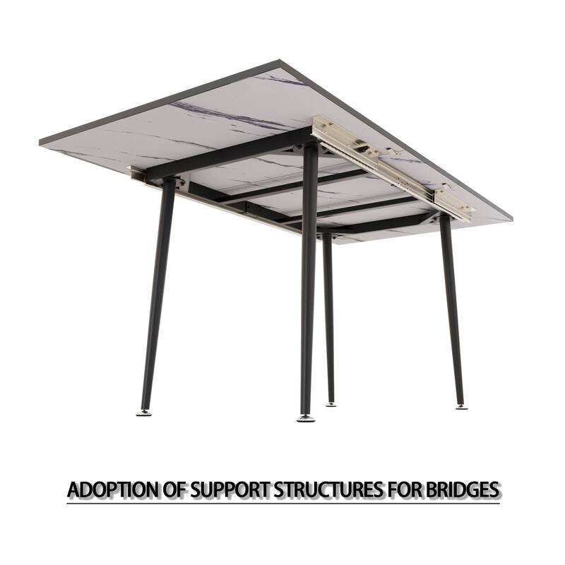 Expandable Marble Pattern Dining Table with Black Metal Legs for Kitchen Dining Room or Living Room - 47”L x 31”W x 30”H