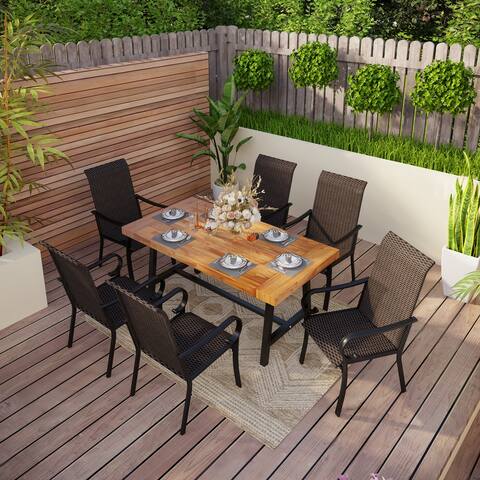 PHI VILLA 7-Piece Patio Outdoor Dining Set of Acacia Wood Dining Table & Classic Light Brown Rattan Dining Chairs