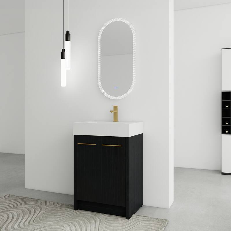 24" Bathroom Vanity with Resin Sink, Soft Close Hinges, Adjustable Storage, Black Chestnut Color, Freestanding Cabinet