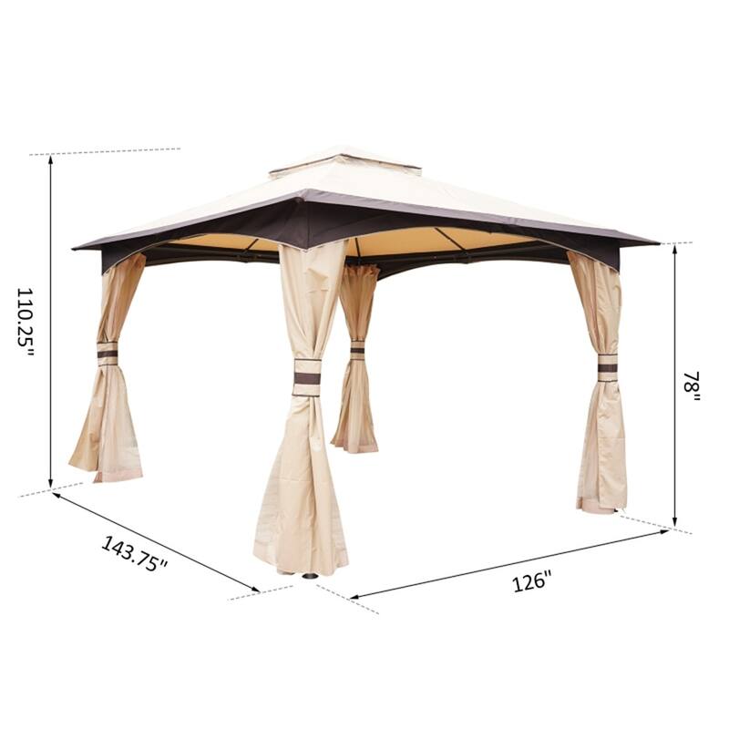 Beige Brown Black Outdoor Canopy Gazebo with Two Tier Ventilated Roof UV-Blocking Polyester Mesh Sidewalls for Patio Backyard