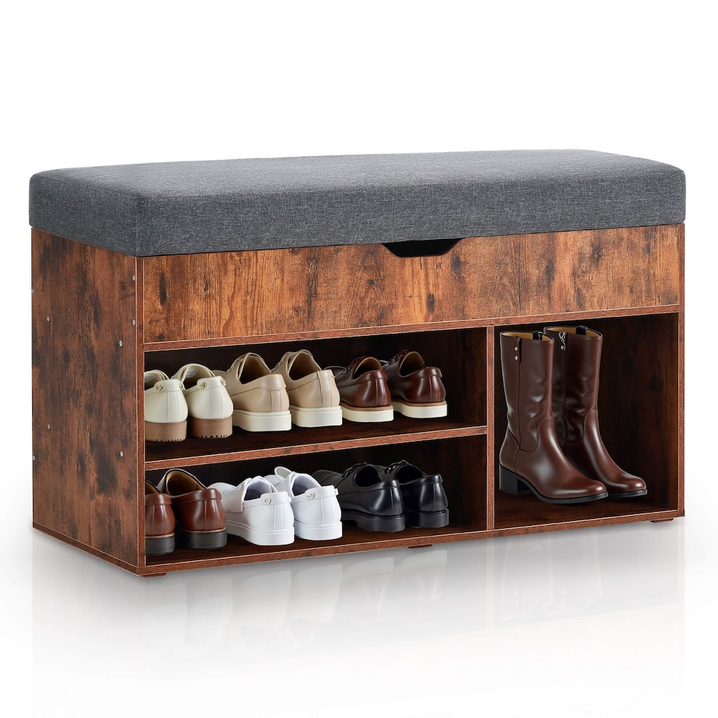 ivinta Storage Bench with Cushion, 2-Tier Entryway Shoe Bench with Hidden Storage for Living Room, Bedroom, Hallway, 37"