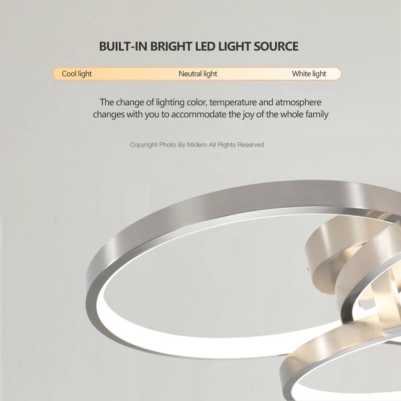 20" Modern LED Ceiling Light Fixture - Circular 3-Ring Design, Dimmable, Contemporary Brushed Nickel Finish for Living Room