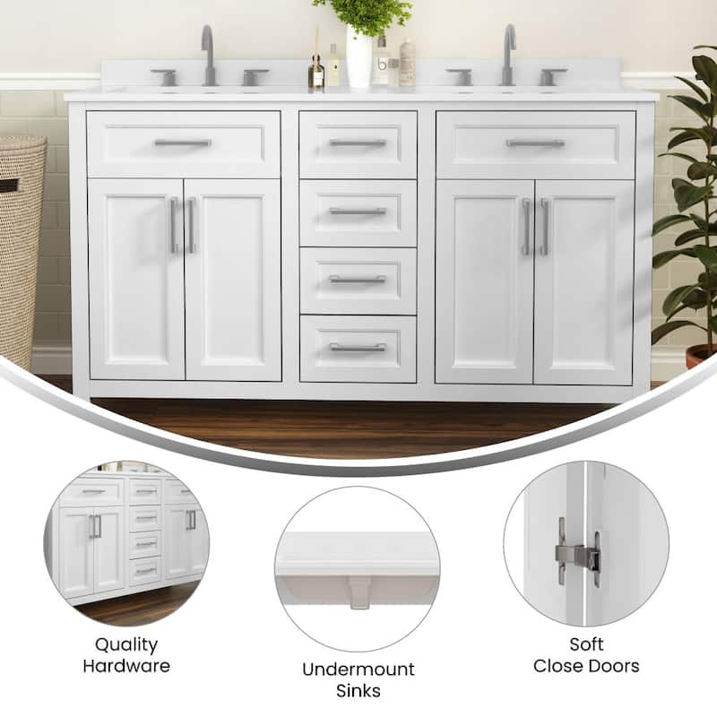 Bathroom Vanity with 2 Sinks, 2 Storage Cabinets, and 6 Drawers - 18.5"D x 60"W x 37.5"H