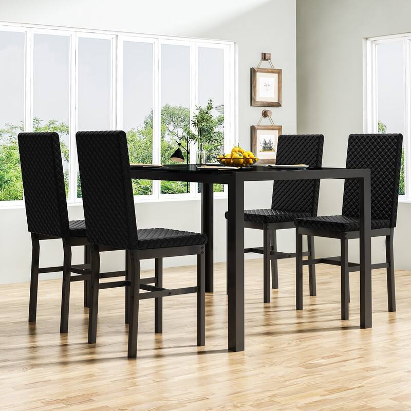 Grondin Modern Style 5-Piece Dining Room Table Set with Tempered Glass Tabletop and 4 Diamond Stitching PU Leather Dining Chairs