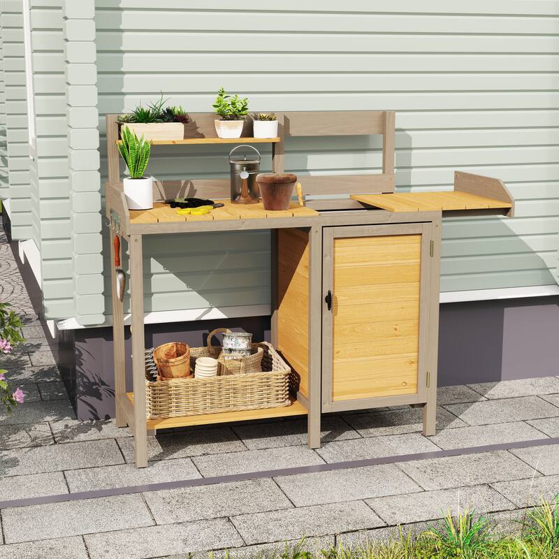 Outdoor Potting Table Bench with Spacious Top and Open Shelf, Wooden Garden Workstation Table for DIY Projects