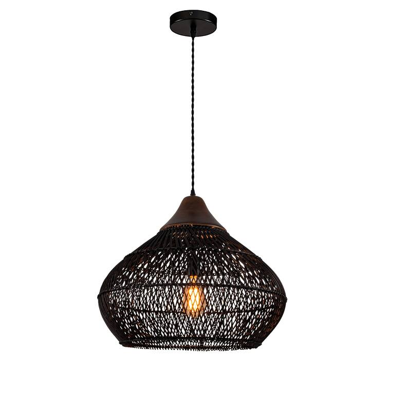 Zula Coastal Large Rattan Pendant Light Matte Black Rustic Wood Accent Ceiling Light - 19.7