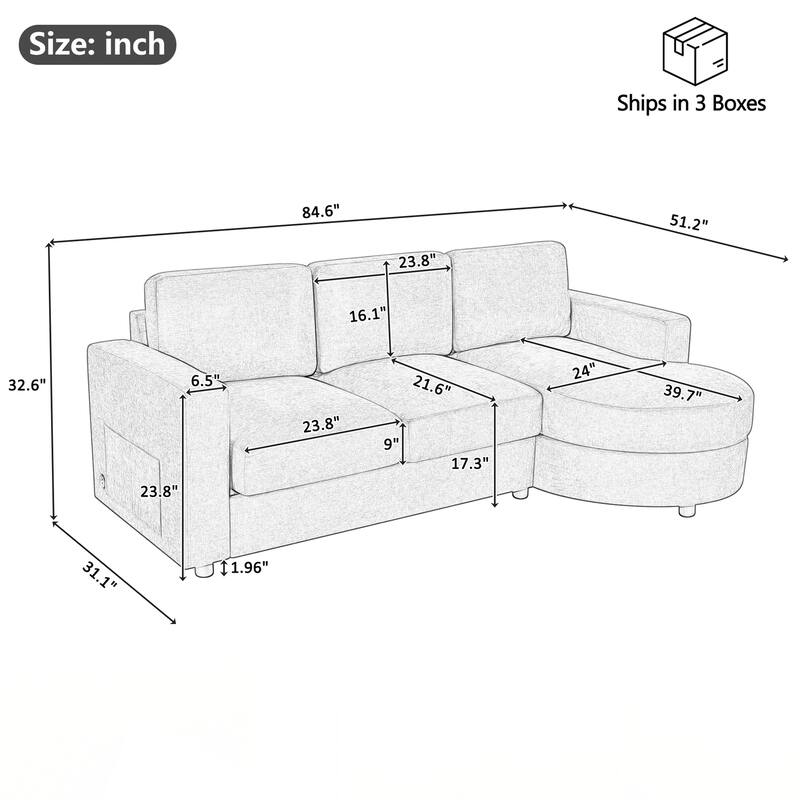 Modern Sectional Sofa 84.6" L-shaped Sofa Couch with a Curved Chaise Lounge