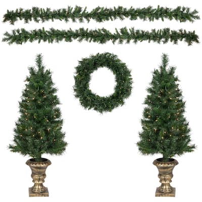 5-Piece Pre-Lit Norwich Pine Artificial Christmas Entryway Set - 4'