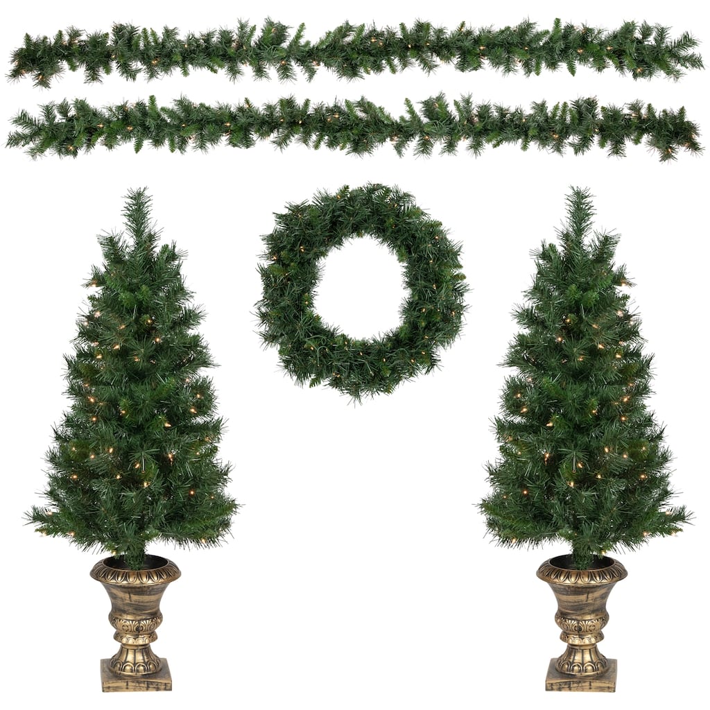 5-Piece Pre-Lit Norwich Pine Artificial Christmas Entryway Set - 4'