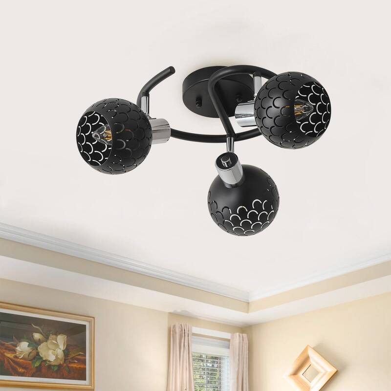 Modern Semi-Flush Mount 3 Light Matte Black and Chrome Fixture