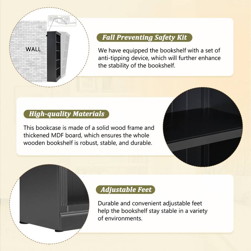 83.4" Tall Wood Bookcase with LED Light Strip - 5-Tier Adjustable Shelves, Free-Standing Storage Organizer for Living Room