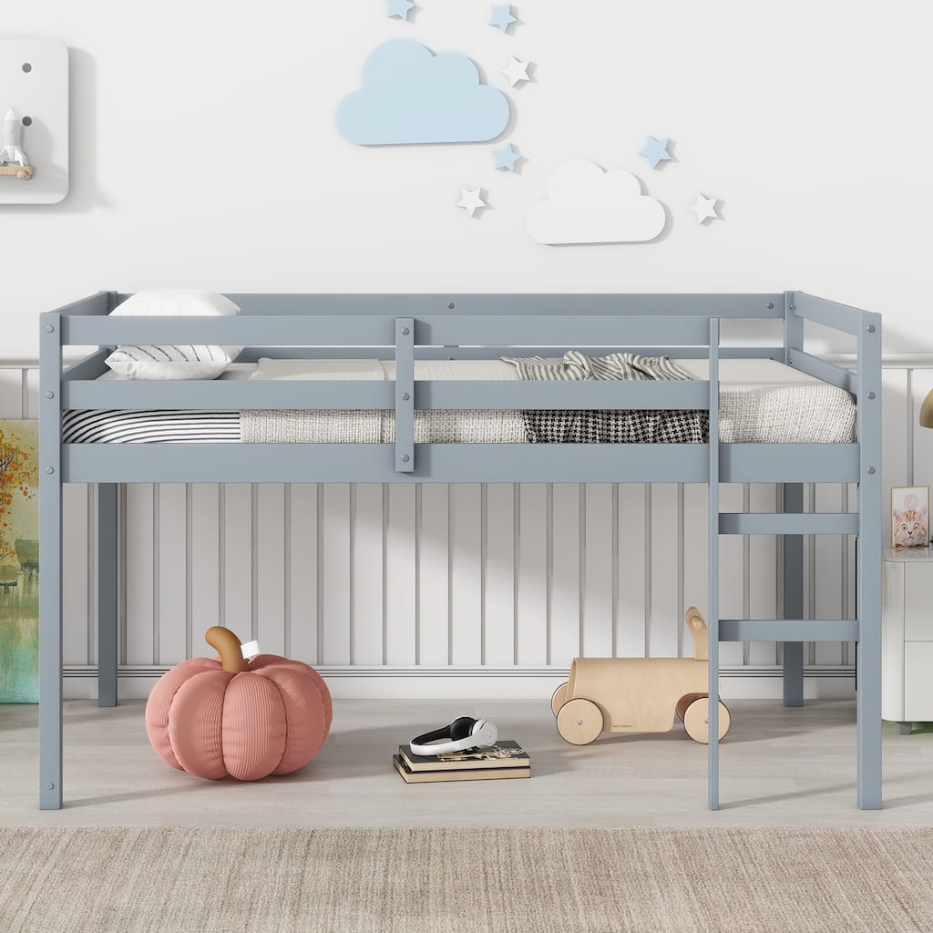 Grey Twin Loft Bed with Ladder and Strengthened Slats, Rubber Wood and Plywood, Low Height Design