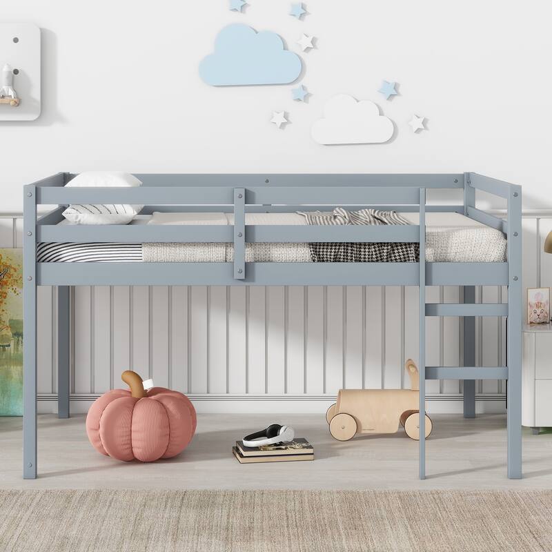 Wooden Twin Loft Bed with Wide-Step Ladder, Low-Height Design, Reinforced Slats, & Spacious Underbed Storage - Grey - Twin