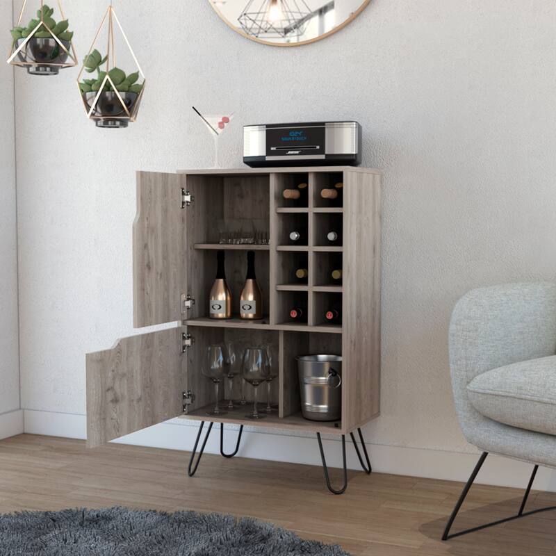 FM Furniture Sheffield L Bar Cabinet with 2 Doors, 4 Inner Shelves, 8 Cubbies, and Hairpin Legs