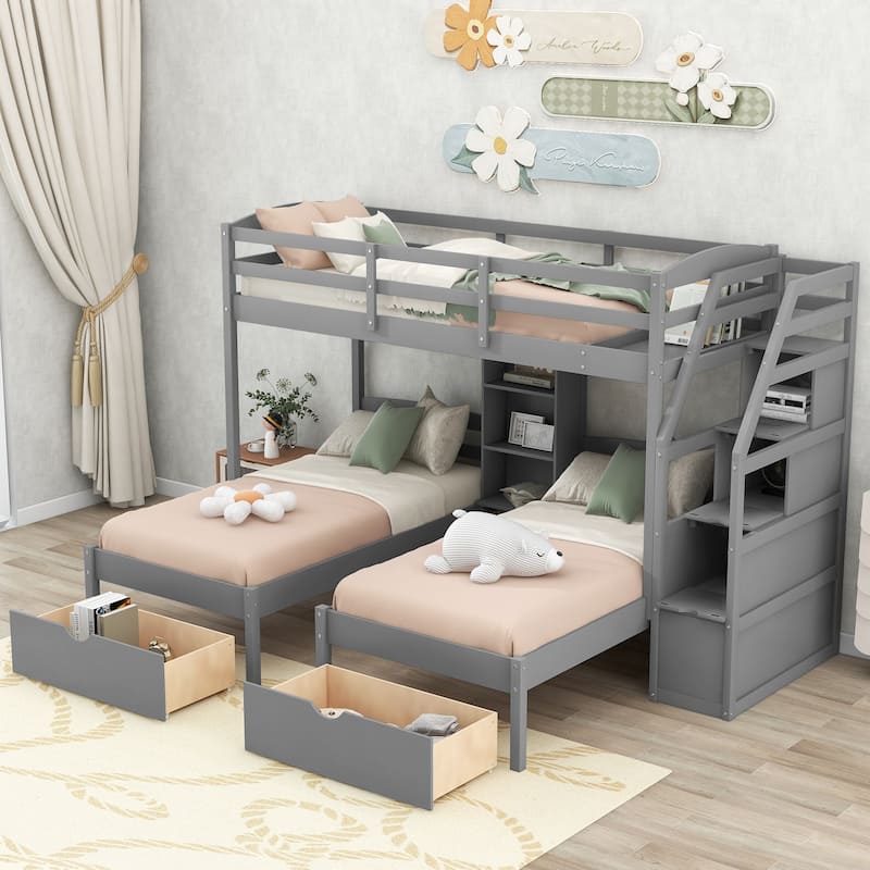 Space-Saving Triple Bunk Bed with Storage Drawers, Staircase & Built-in Shelves, Gray - Gray