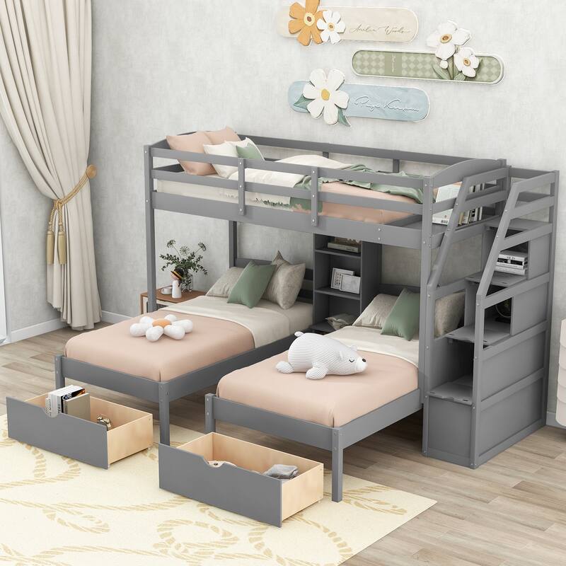 Twin Over Twin & Twin Pine Triple Bunk Bed with Drawers, Staircase, and Shelves - Gray