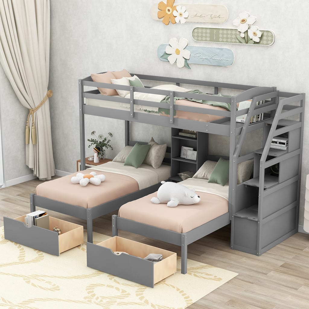 Twin Over Twin & Twin Triple Bunk Bed with Drawers, Staircase Storage, Built-in Shelves, Solid Pine Wood Frame, Grey