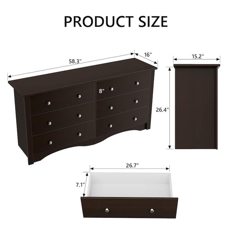 Furniwell 6 Drawer Double Dresser, Modern Wood Chest of Drawer for Living Room Bedroom