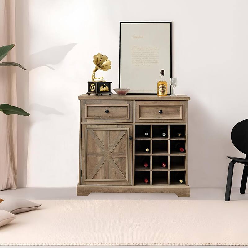 Roomfitters Farmhouse Buffet Cabinet with Storage Sideboard with 2 Drawers, Wine Bar Cabinet with Removable Wine Racks Storage