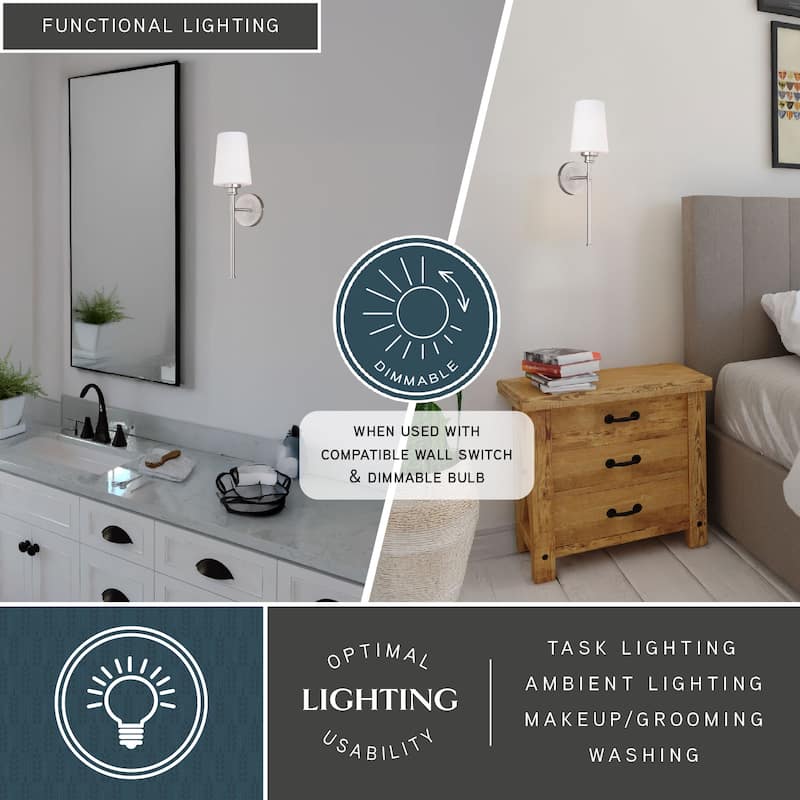 Clark 1 Light Satin Nickel Bathroom Wall Sconce White Glass - 5.25-in W x 19-in H x 7-in D
