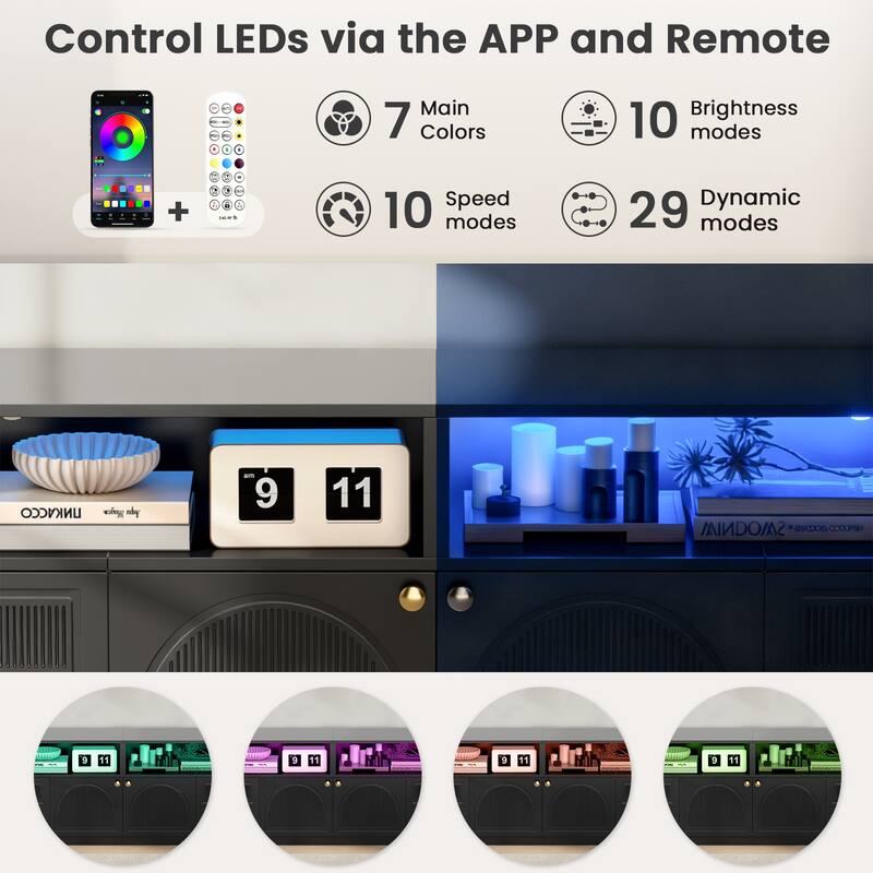 Meyreso 86.6" Modern LED Lighted TV Stand with 4 Open Shelves and Storage Cabinets