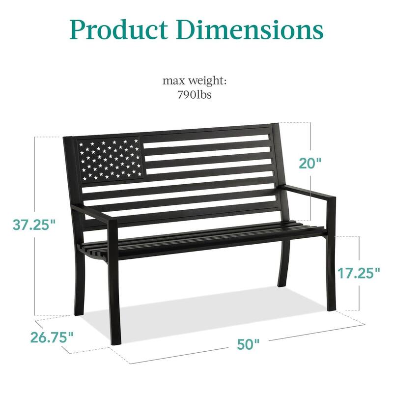 Black Steel Patriotic Outdoor Bench Curved Slatted Seating 50-Inch - 50"(L) x 26.75"(W) x 37.25"(H)