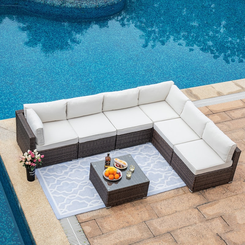 COSIEST 7-Piece Outdoor Patio Sectional Wicker Sofa With Coffee Table