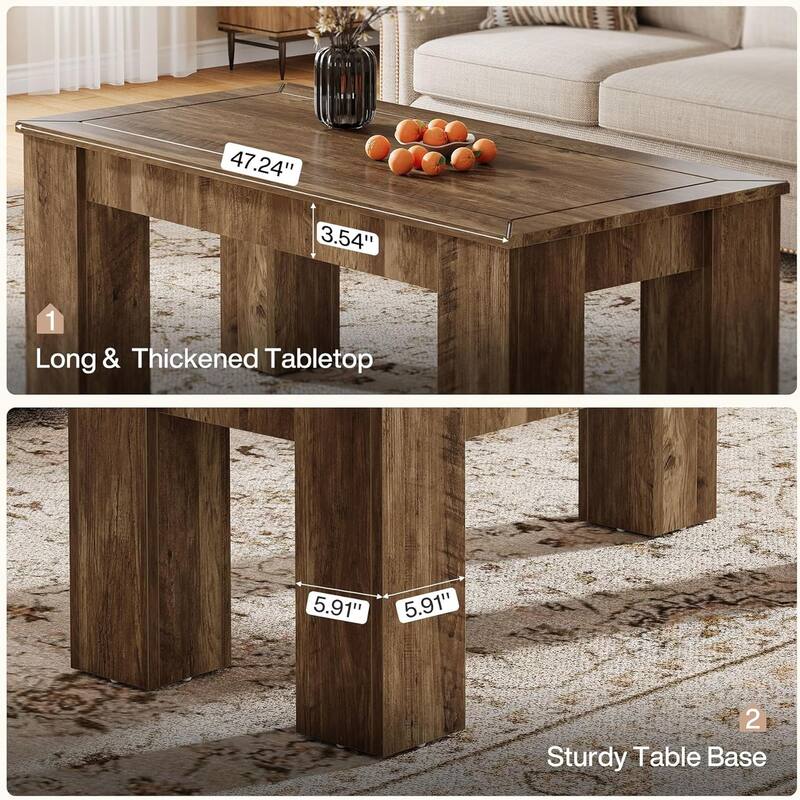 47-Inch Rectangle Engineered Wood Coffee Table with Sturdy Legs, Farmhouse Center Cocktail Table for Living Room