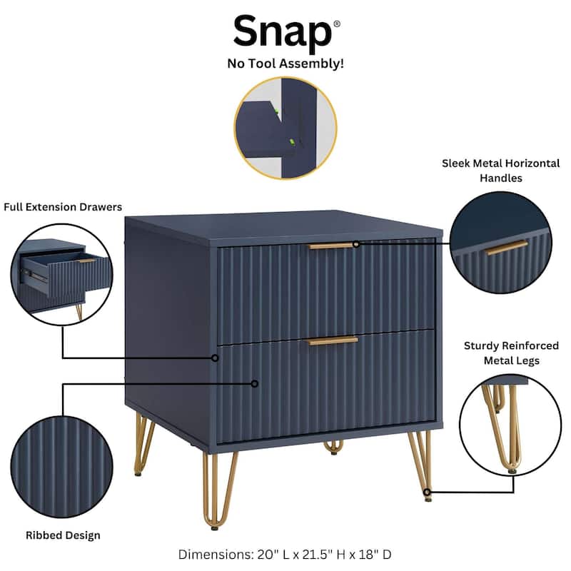 20-Inch Fluted Nightstand in Midnight Blue with 2 Drawers, Gold Handles, and Splayed Legs