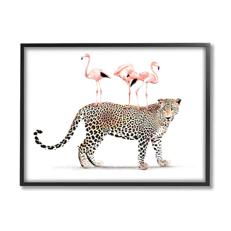 Stupell Flamingos Stacked on Leopard Fun Tropical Safari Animals Framed Wall Art - Pink - 20 x 16 - Black