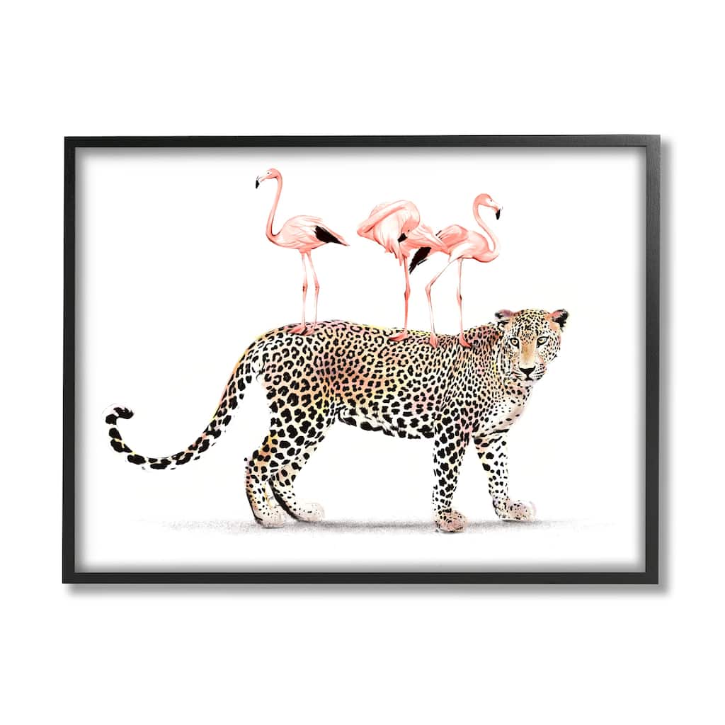 Stupell Flamingos Stacked on Leopard Fun Tropical Safari Animals Framed Wall Art - Pink
