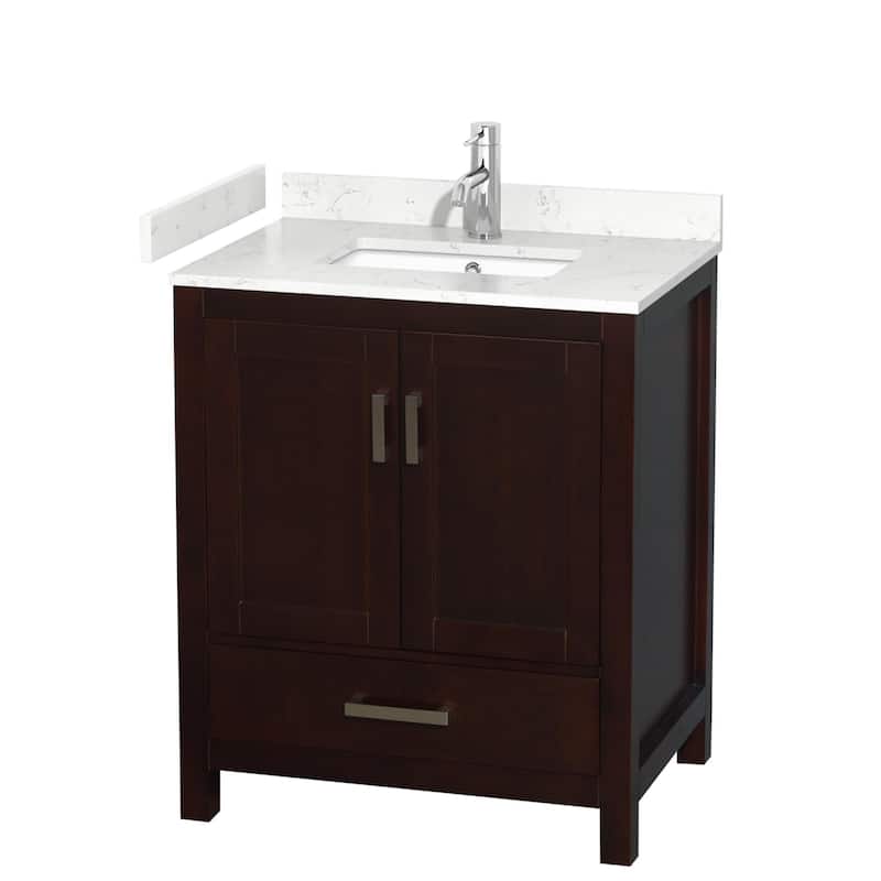 Wyndham Collection Sheffield 30" Single Bathroom Vanity, Carrara - Espresso / Carrara Cultured Marble Top / Brushed