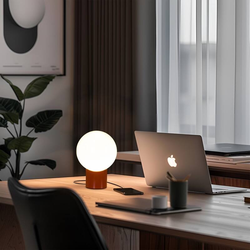 Vino LED 7.95 in Glossy Red Midcentury Round Globe Dimmable Bedside Nightstand Desk Lamp with Fast Charging USB-C Port