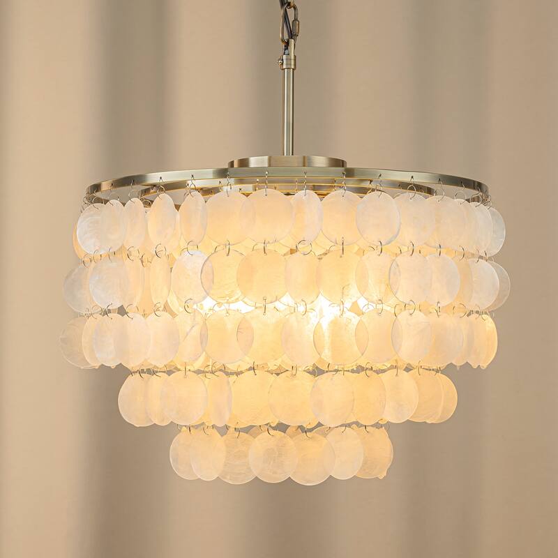 3/6-Lights Unique Tiered Bronze Capiz Chandelier with Seashell Accents - W 17.7"